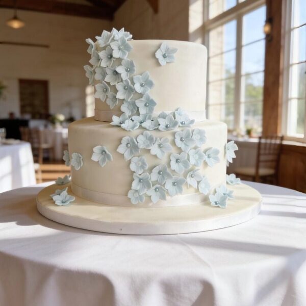Arabella two-tier wedding cake with pale blue sugar blossoms
